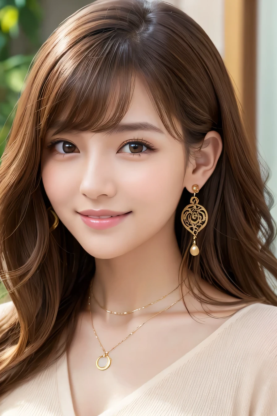 young woman、Light brown hair、、Curly Hair、ear piercing、Necklace around the neck、blouse、Closed Mouth Smile、Intricate details, Very detailed:1.2), 、 Looking into the camera,The background is the office