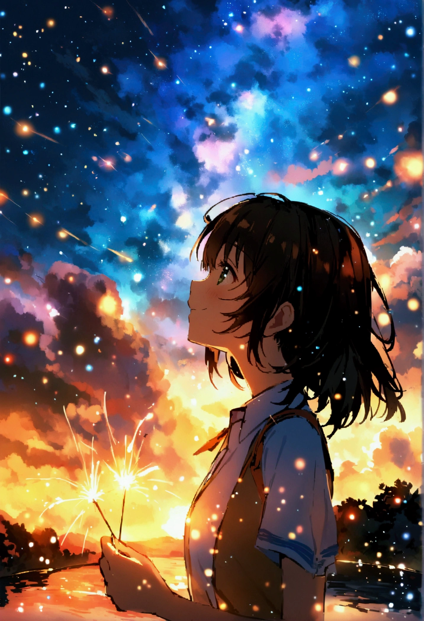 Anime girl holding a sparkler in front of the starry sky, yourname, makoto shinkai!, makoto shinkai!!, yourname movie style, Makoto Shinkai's art style, Makoto Shinkai style, Kimi No Na Wa, Makoto Shinkai Cyril Rolland, anime wallpaper 4k, anime wallpaper 4k, ( ( makoto shinkai ) )、ponytail