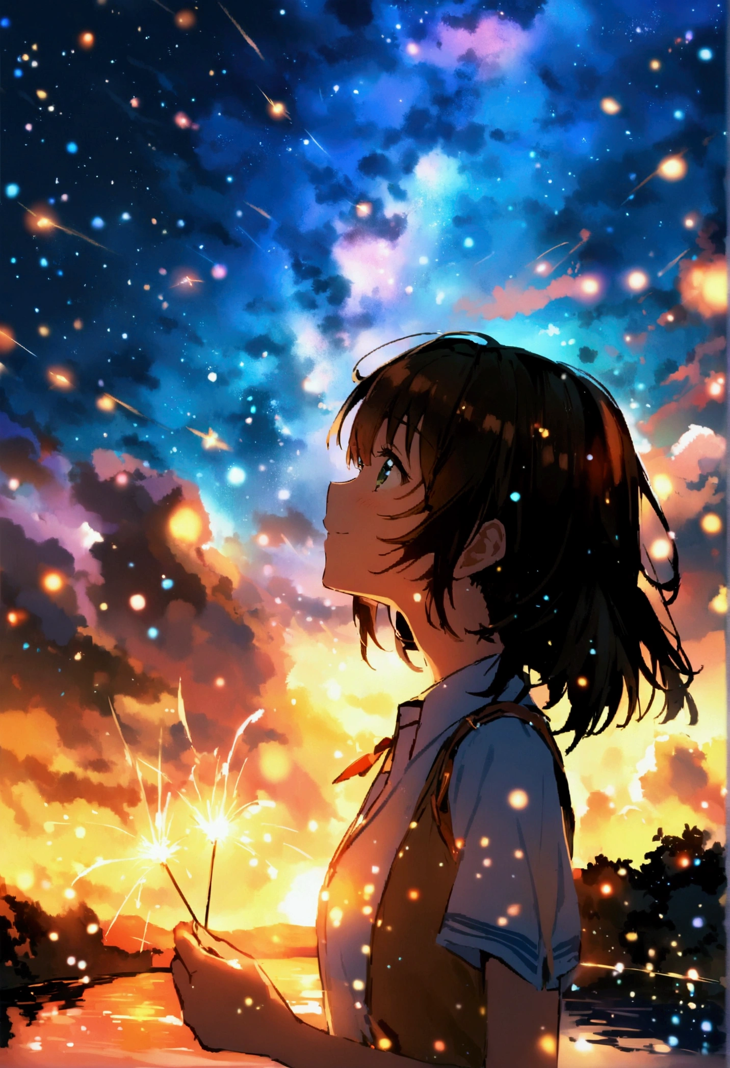 Anime girl holding a sparkler in front of the starry sky, yourname, makoto shinkai!, makoto shinkai!!, yourname movie style, Makoto Shinkai's art style, Makoto Shinkai style, Kimi No Na Wa, Makoto Shinkai Cyril Rolland, anime wallpaper 4k, anime wallpaper 4k, ( ( makoto shinkai ) )、ponytail