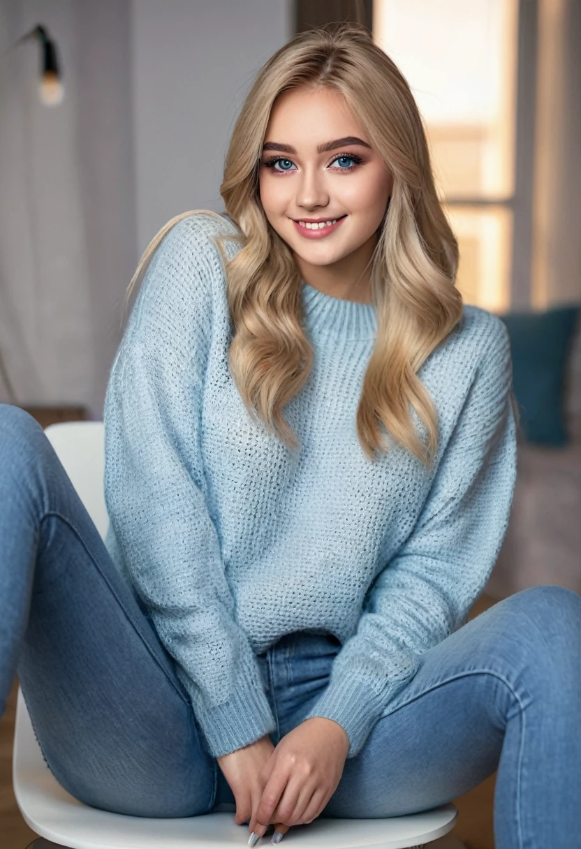 hyperrealistic beautiful busty 18-year-old women with long legs wearing sweater and blue jeans, full body image, long blonde hair, dark eye makeup with eyeliner, seductive smile, small necklace, 8K, Best quality, Meisterwerk, ultra high resolution, (Realismus: 1.4), Originalfoto, (realistische Hautstruktur: 1.3), (Filmkorn: 1.3), (Selfie-Winkel), 1 girl, Beautiful round hazel eyes and facial details, Meisterwerk, Best quality, sitting in a chair at home