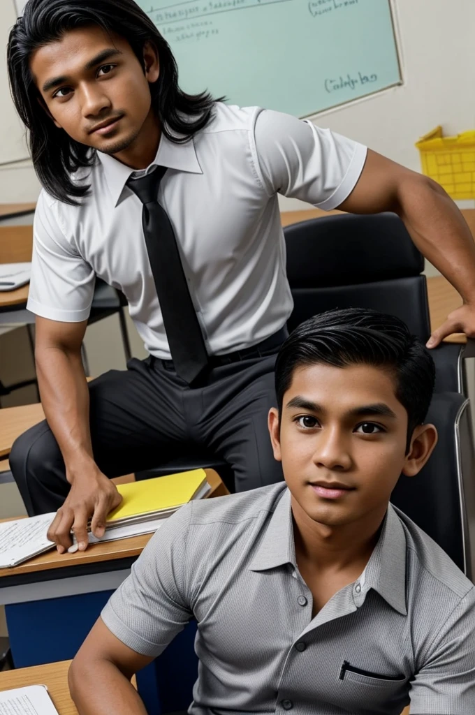 Generate a story of a realistic young 10 year old malay malaysian boy named Arif who has a middle part hair is dressed in a white jersey age progress and transform into a realistic handsome,muscular,masculine 35 year old malay malaysian teacher who has a side part hair is dressed in a grey collared shirt and a black tie with black slacks in the teacher’s lounge.