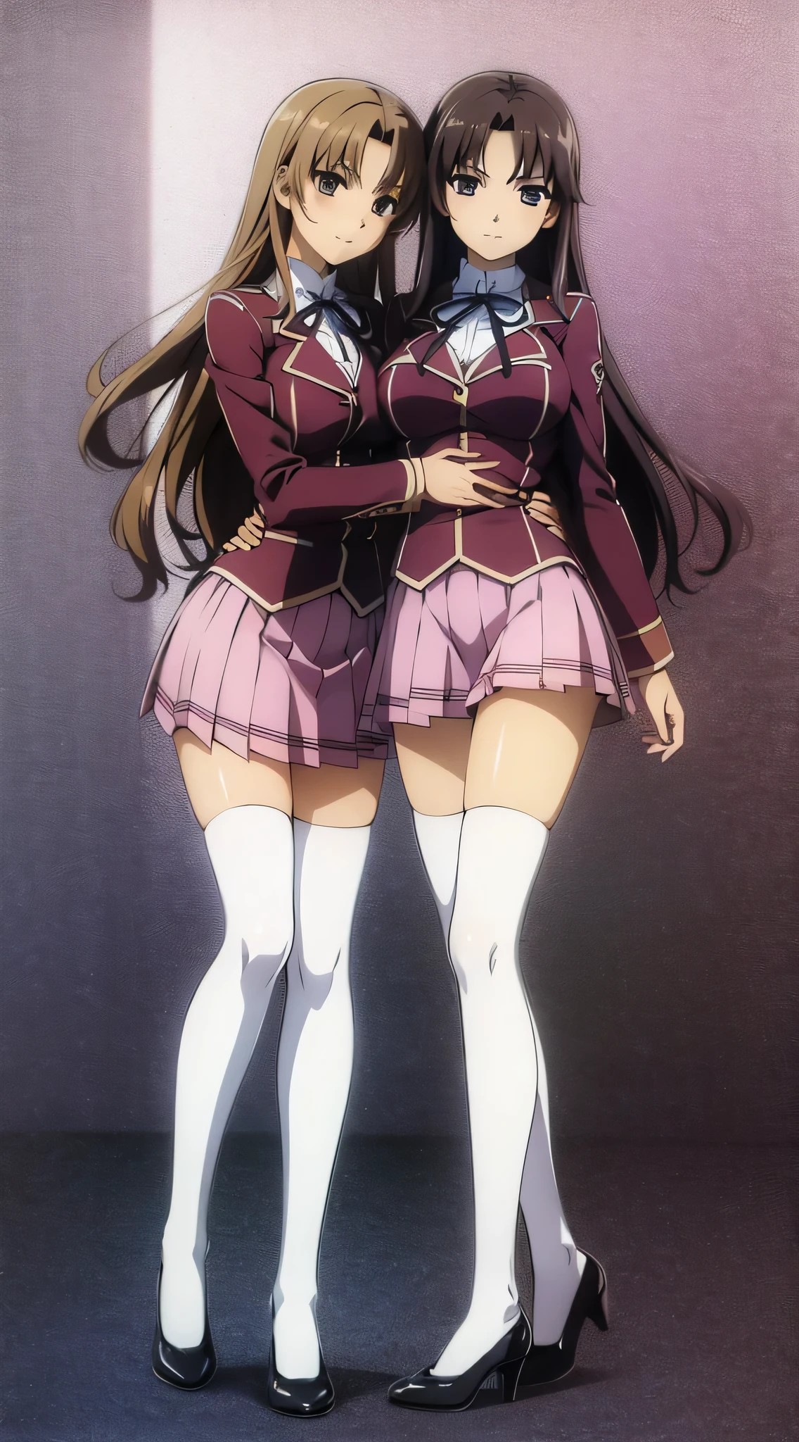Masterpiece, high quality, 2girls, duo, identical twins, identical sisters, brown hair, curly hair, matching hairstyles, hazel eyes, medium sized bust, (school uniform, y school uniform, blazer, lace section, ribbon, rainbow short skirt, white thigh-high socks, black high heels, matching outfits), smile, flat_colour, full body, seductive pose, Duo pose: From the side angle, people's body curves are beautiful.
hugged from the side