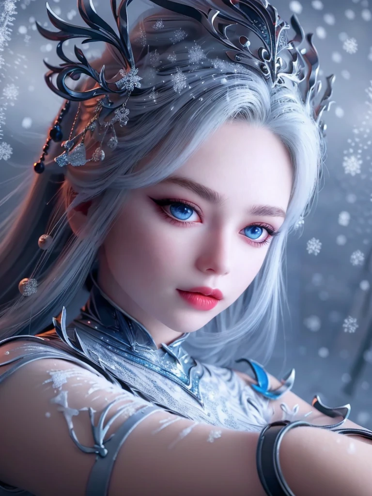 "1 beautiful girl wearing a traditional costume, a long thin light blue dress made of meticulously made silk, deep slit shirt, long hair and silver bangs with a hint of light blue, the most beautiful and detailed hair jewelry, beautiful little face thin eyebrows, the most beautiful and spotless face, ((black iris:0.8)), the very beautiful eyes, big round eyes, ((blue color eyes:1.1)), fine and detailed makeup eyelashes, high nose, wearing earrings, small red lips, rosy face, clean face, beautiful face without blemish, smooth white skin, ((big breasts: 0.9)), Blums , ((big and super round breasts:0.9)), ((super tight breasts:1.2)), ((breast augmentation: 0.8)), beautiful breasts, slim and body, ((thin waist: 0.9)), upper body of a beautiful girl, sexy girl, skirt, lace mesh socks to match the color of the outfit, fishnet stockings color coordinated according to the outfit, pose elegantly, elegantly, and politely, 8k photo, super high quality, super realistic, 10x super pixels, photo realistic, dark studio, border light, two tone light, (detailed skin high: 1.2), 8k uhd, dslr, soft light, high quality, volumetric light, candid, Photo, high resolution, light, best photo, 4k quality, 8k, Bokeh, Smooth and sharp, pixel up 10 times, lightning, super graphics, the most realistic graphics, (((Snowy background: 1.6))), 1 girl, alone, solo, ((frontal portrait:1.5)), Extremely sharp, super realistic images."
