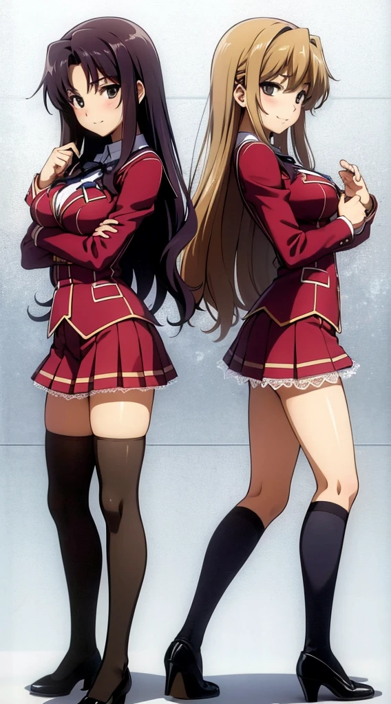 Masterpiece, high quality, 2girls, duo, identical twins, identical sisters, brown hair, curly hair, matching hairstyles, hazel eyes, medium sized bust, (school uniform, sexy school uniform, blazer, lace section, ribbon, rainbow short skirt, white thigh-high socks, black high heels, matching outfits), smile, flat_colour, full body, seductive pose, Duo pose: From the side angle, people&#39;s body curves are beautiful.
hugged from the side