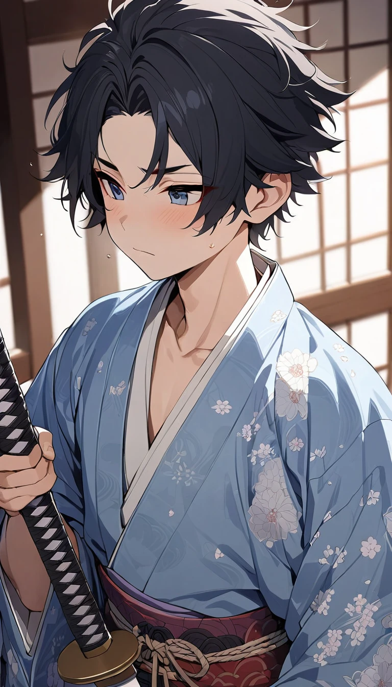 black hair, messy hair, short hair, anime, masterpiece, accurate, textured skin, high quality, high details, best quality, super detail, Young samurai, (solo), Japanese sword, cute boy, wearing kimono, Holding a Japanese sword, A -yeld borom the Edo period, Japanese, Flower pattern kimono, Light blue kimono, cowboy shot