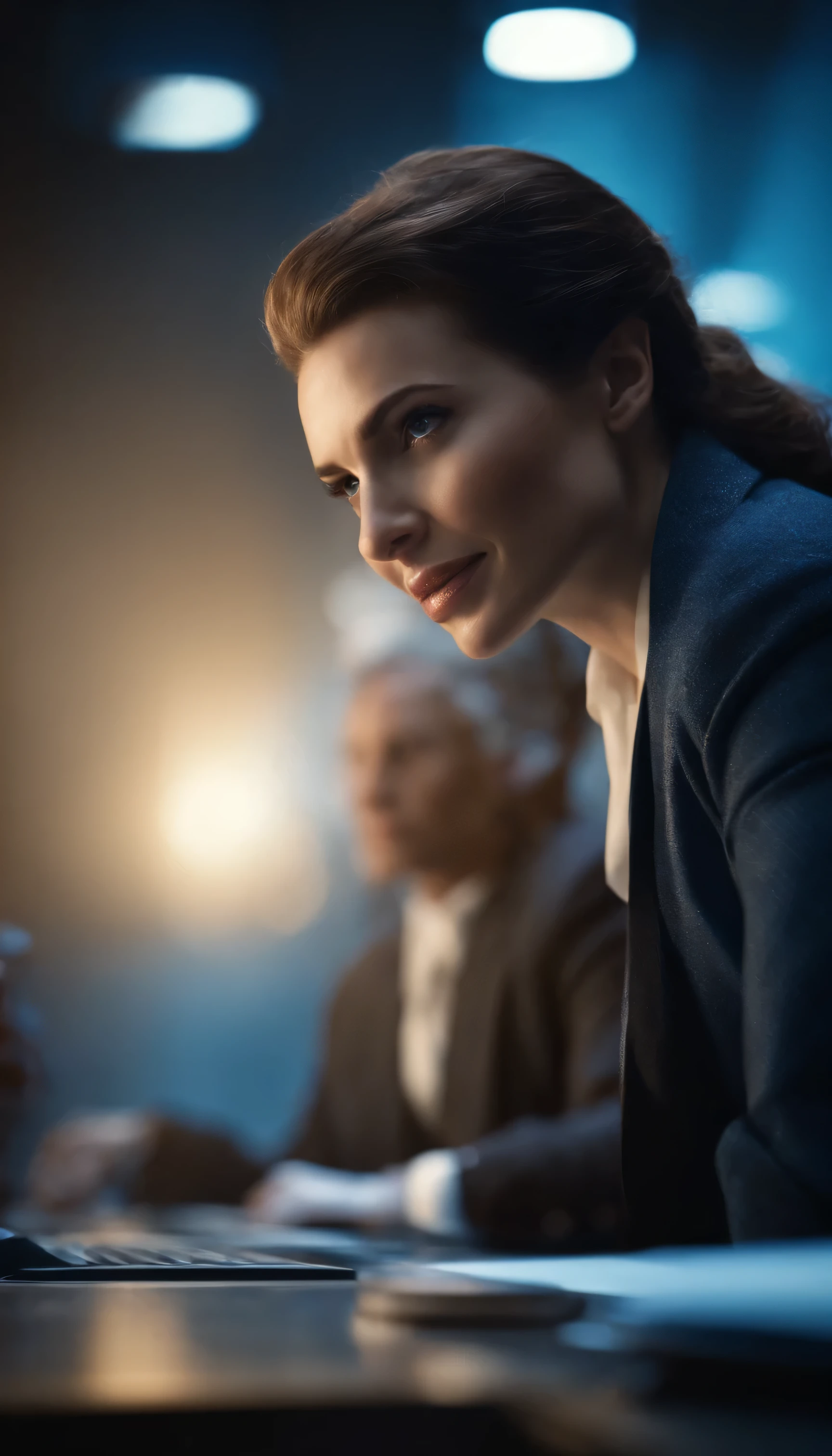 headshot of just two different persons, one with an angry face, the other with a smiling face, illumination on their faces, neat office background, 8k epic-realistic imagery, professional photo, blue scenery like a movie scene, old american setting, inspired by blade runner movie scene, blue tone,