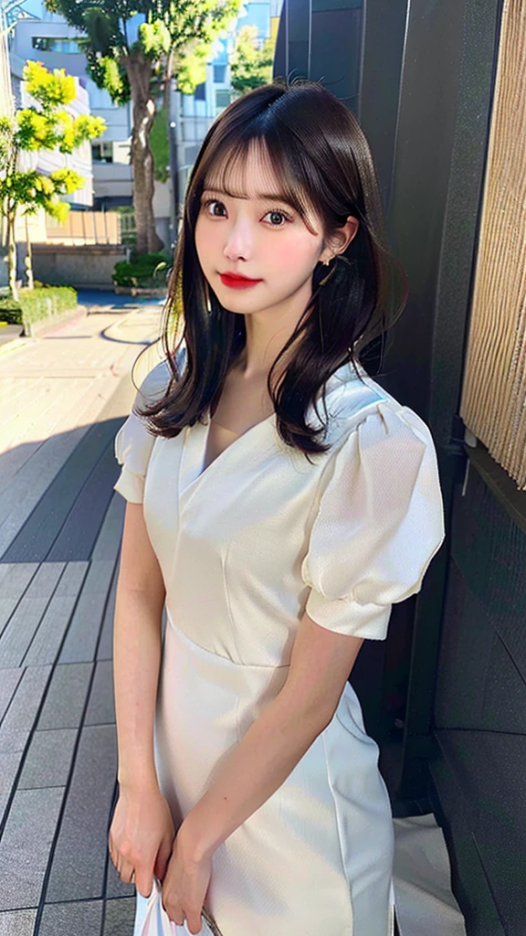 (hight resolution:1.3), (16 K, Photorealsitic, Raw photography, Top image quality: 1.4), japanes, (1girl in), beauitful face, (Lifelike face), (A dark-haired、short-hair:1.3), Beautiful hairstyle, realisticeyes, beautiful finely detailed eyes, (real looking skin), Beautiful skins, enticing, 超A high resolution, A hyper-realistic, high detailing, the golden ratio, plein air, Windy, frombelow,１a person、 Half body shot,extremely detailed cute girl,(20yr old)、party dress、