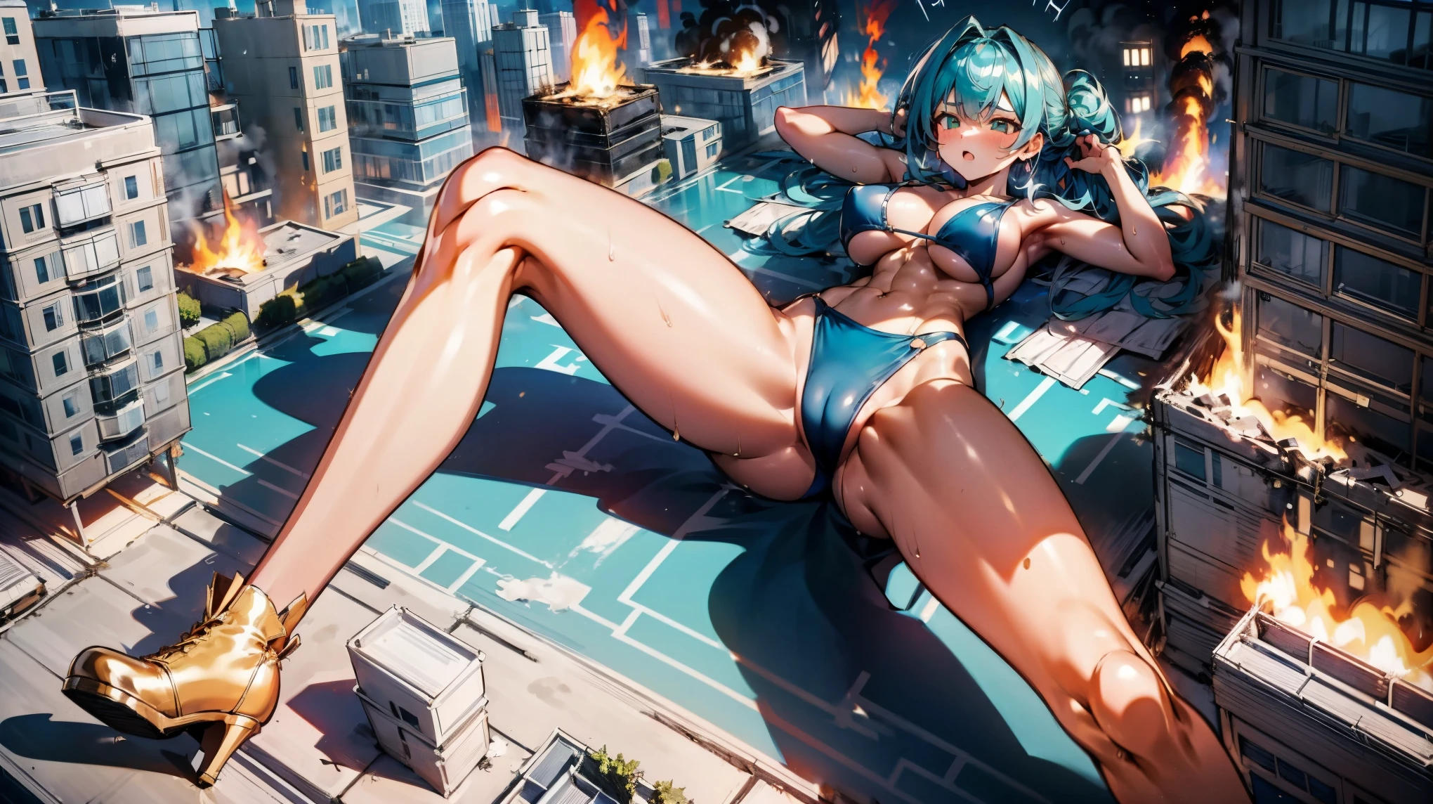 Giantess with firm , long sexy legs, yellow hair and in bikini is lying on the ground, while the city at her feet burns in flames for the destruction she has caused, while people run away from her, so as not to die crushed by her heels. Giantess, goddess, macrophilia, curvaceous body, hentai, fetish, sexy legs, bikini, high heels, high quality