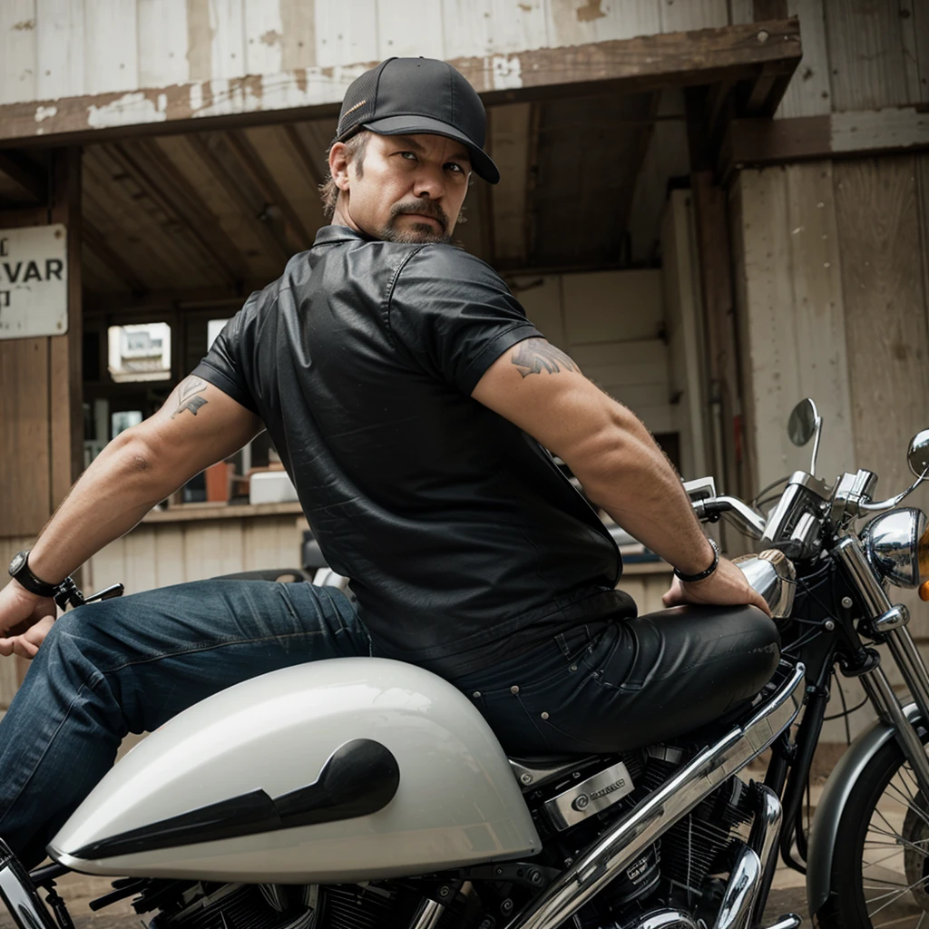 One man from the American Mc Chopper motorcycle gang sits rear-facing on a long-handled chopper.