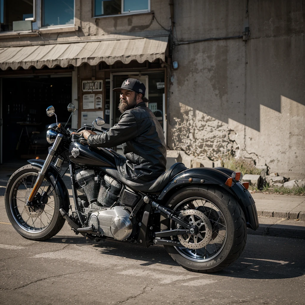 One man from the American Mc Chopper motorcycle gang sits rear-facing on a long-handled chopper.