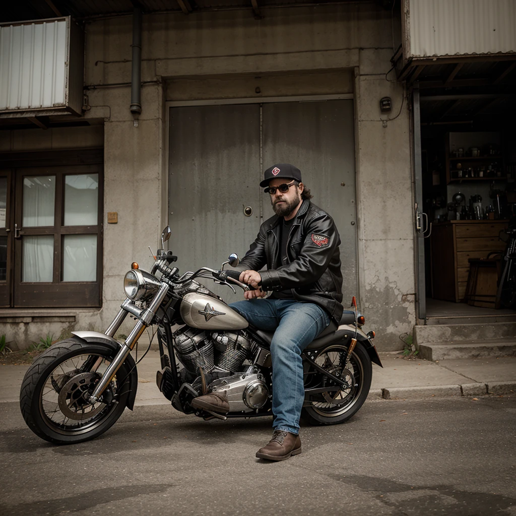 One man from the American Mc Chopper motorcycle gang sits rear-facing on a long-handled chopper.