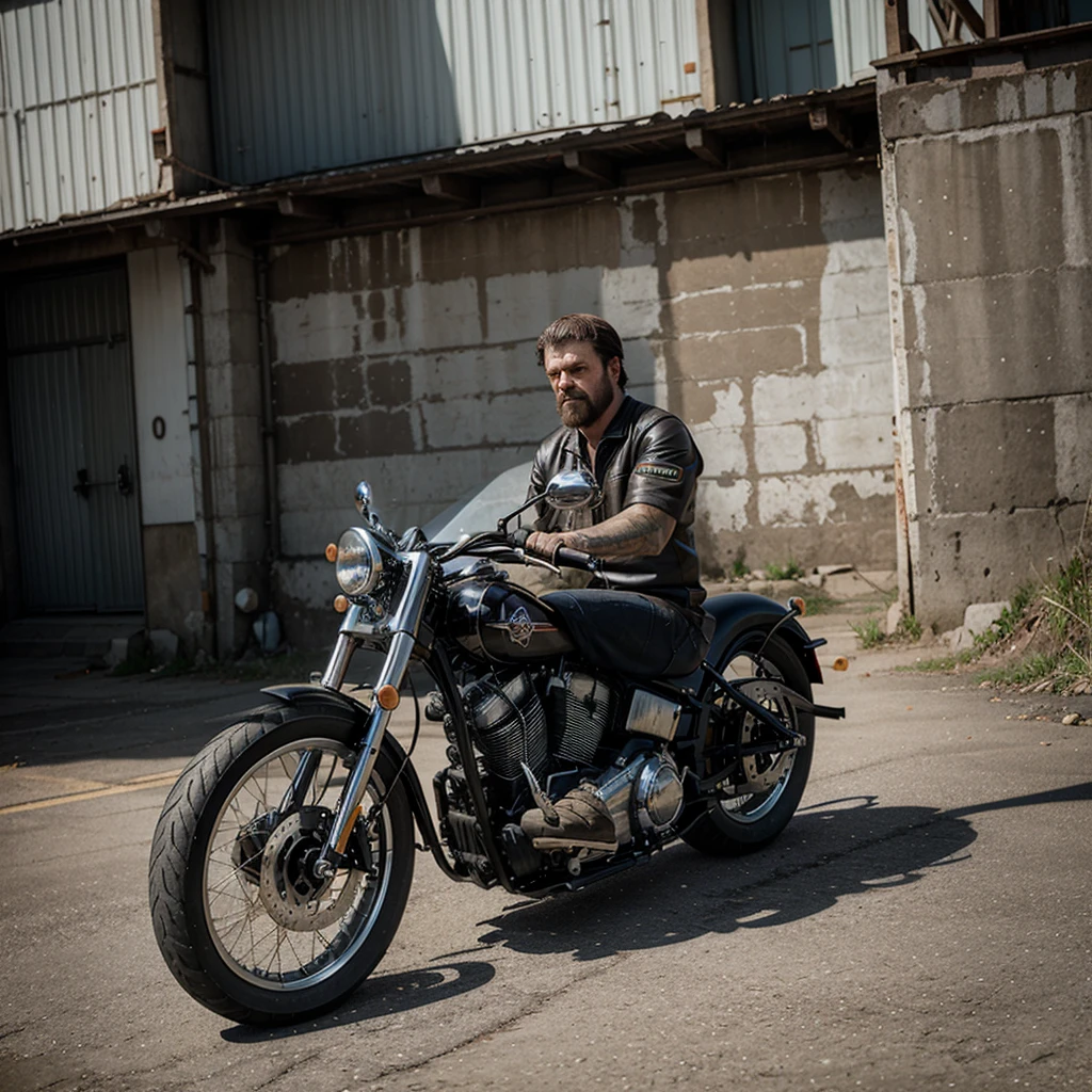 One man from the American Mc Chopper motorcycle gang sits rear-facing on a long-handled chopper.