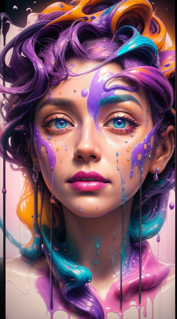 a close up of a sculpture of a woman with purple and orange paint, dripping with color, face submerged in colored oils, 3d digital art 4k, colorful melting human head, vibrant colors hyper realism, cute digital art, color Art, Beeple e Jeremias Ketner, vibrant digital painting, detailed painting 4k, beautiful art uhd 4k