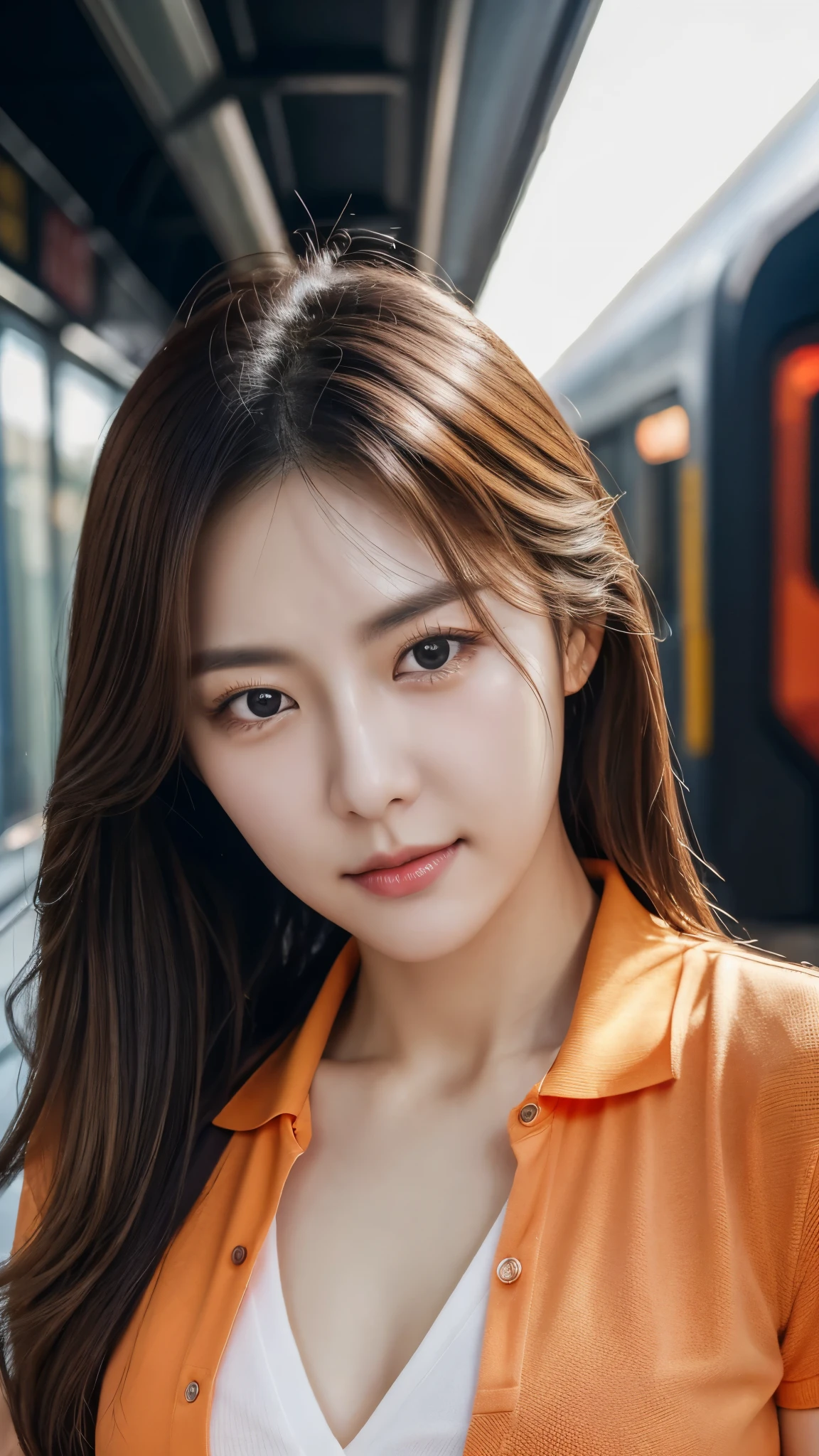 Realistic photos (1 cute Korean star) Reverse hair, light makeup, Middle breast size, Orange polo shirt, At the train station, Canon EOS Clear Facial Features, 16K, High resolution, Sharp and realistic details, Exposure, interrupt, 超High resolution, High resolution, Highest quality