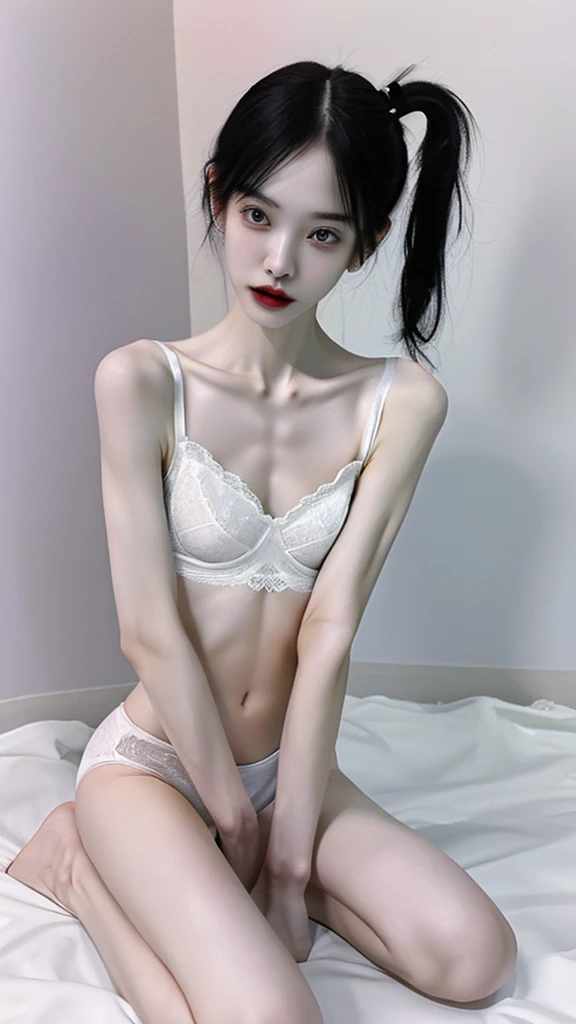 a woman, very thin body, body visible bones, very slender , sweaty weat body, pale white skin, panties, bra,tatto, full body, kneel, night room background