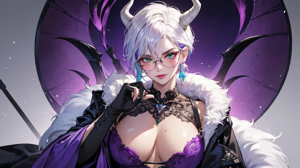 8k, masterpiece, best quality, highly detailed, 1 girl, tiefling, warlock, multicolored hair, very short straight hair green highlight hair on white hair, strippled hair, wearing glasses, round glasses, earrings, red eyeshadow, long eyelashes, navel piercing, blushed cheek, red lips, necklace, rings, collarbone, mole, glamorous, purple and teal clothing, villainy, smirk, seductive face, close up view, rings, looking at viewer, demon horns, solo, royal dress, black lace gloves, fur coat, palace, blue pale moon, sitting on throne, crowned.