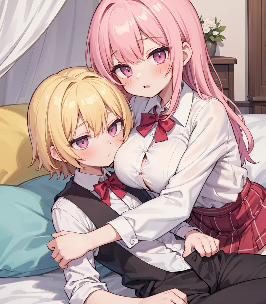 masterpiece, Highest quality, so beautiful, absurdists,High resolution,One girl, One boy,Cuddling in bed, like,sexly,Look at each one, blush,Age difference,bow tie,blondes,chest,Long Hair,Pink Hair,Tucked in shirt,short hair,skirt,Tent shirt,Slut,Big breasted sister and brother,Siblings, trousers,Pushing her big tits against her brother,(My brother's erect penis),((((姉のvery huge breasts,Sister crushes her big tits in her brother's face)))),(((((Very huge breasts))))),(((((small penis,NSFW,Soft Very HUGE breasts))))),((Bursting Breasts,Huge breasts hiding her brother's face)),((((((((Huge Breasts, Large Breasts, Very Large Breasts, Very Large Breasts, Very Large Breasts, Very Large Breasts, Very Large Breasts, Very Large Breasts, Very Large Breasts, Very Large Breasts, Very Large Breasts, Very Large Breasts, Burying Face in Breasts)))))))),Two people gazing at each other,puffy breasts,((Face crushed by tits, huge breasts on brother's body, mouth covered by tits, breasts covering face)),((huge breasts)),soft massive breasts