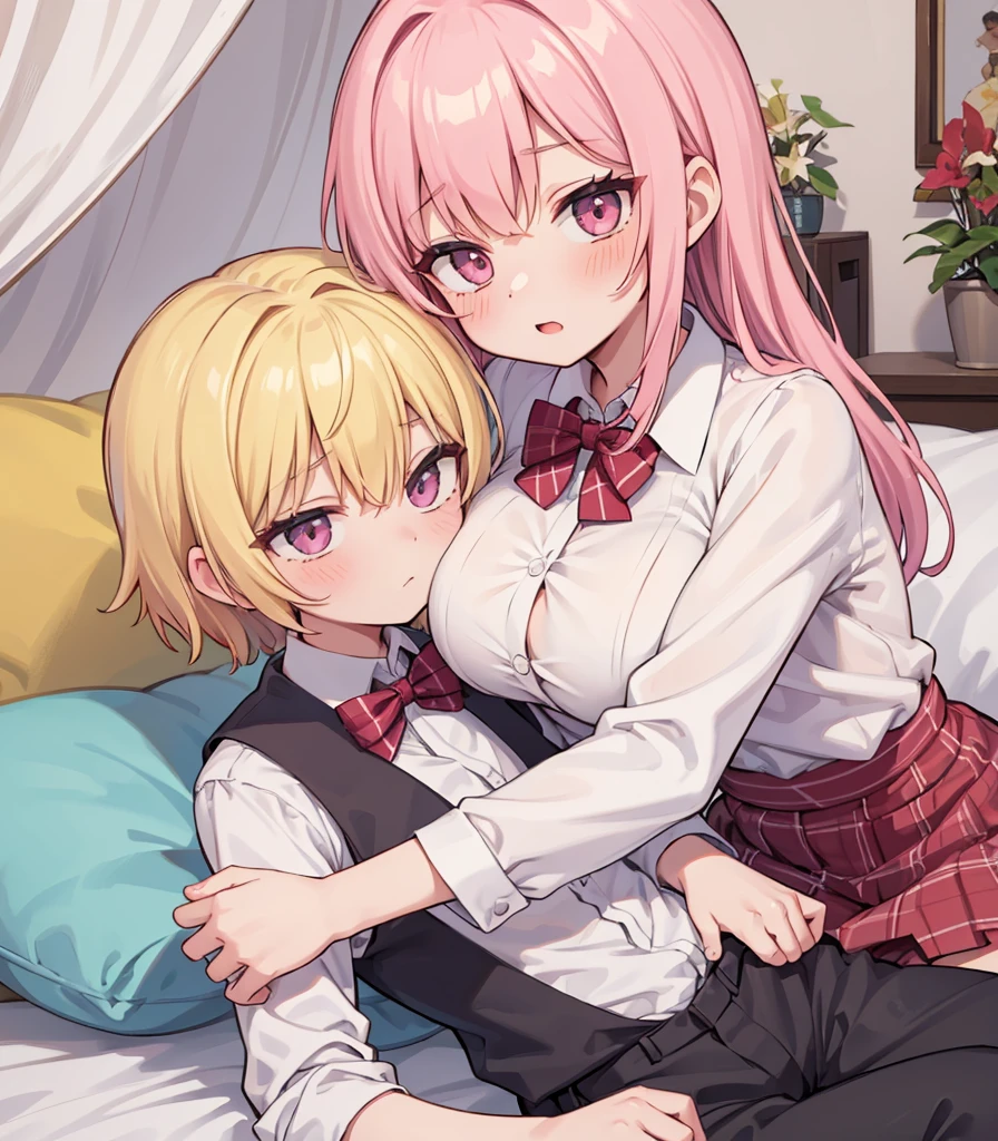 masterpiece, Highest quality, so beautiful, absurdists,High resolution,One girl, One boy,Cuddling in bed, like,sexly,Look at each one, blush,Age difference,bow tie,blondes,chest,Long Hair,Pink Hair,Tucked in shirt,short hair,skirt,Tent shirt,Slut,Big breasted sister and brother,Siblings, trousers,Pushing her big tits against her brother,(My brother's erect penis),((((姉のvery huge breasts,Sister crushes her big tits in her brother's face)))),(((((Very huge breasts))))),(((((small penis,NSFW,Soft Very HUGE breasts))))),((Bursting Breasts,Huge breasts hiding her brother's face)),((((((((Huge Breasts, Large Breasts, Very Large Breasts, Very Large Breasts, Very Large Breasts, Very Large Breasts, Very Large Breasts, Very Large Breasts, Very Large Breasts, Very Large Breasts, Very Large Breasts, Very Large Breasts, Burying Face in Breasts)))))))),Two people gazing at each other,puffy breasts,((Face crushed by tits, huge breasts on brother's body, mouth covered by tits, breasts covering face)),((huge breasts)),soft massive breasts