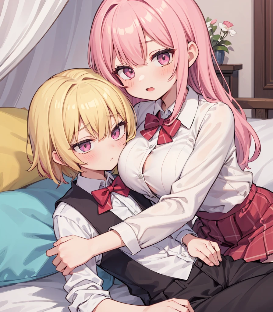 masterpiece, Highest quality, so beautiful, absurdists,High resolution,One girl, One boy,Cuddling in bed, like,sexly,Look at each one, blush,Age difference,bow tie,blondes,chest,Long Hair,Pink Hair,Tucked in shirt,short hair,skirt,Tent shirt,Slut,Big breasted sister and brother,Siblings, trousers,Pushing her big tits against her brother,(My brother&#39;s erect penis),((((姉のvery huge breasts,Sister crushes her big tits in her brother&#39;s face)))),(((((Very huge breasts))))),(((((small penis,NSFW,Soft Very HUGE breasts))))),((Bursting Breasts,Huge breasts hiding her brother&#39;s face)),((((((((Huge Breasts, Large Breasts, Very Large Breasts, Very Large Breasts, Very Large Breasts, Very Large Breasts, Very Large Breasts, Very Large Breasts, Very Large Breasts, Very Large Breasts, Very Large Breasts, Very Large Breasts, Burying Face in Breasts)))))))),Two people gazing at each other,puffy breasts,((Face crushed by tits, huge breasts on brother's body, mouth covered by tits, breasts covering face)),((huge breasts)),soft massive breasts