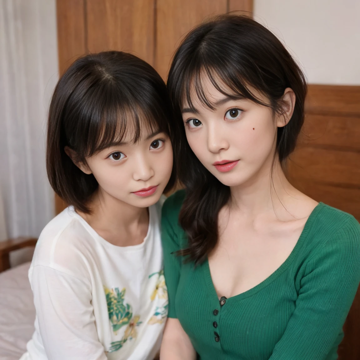 Beautiful woman, ((Mother and daughter:1.5)), ((My mother is 38 years old.:1.5)), ((Scared:1.5)), ((frightened:1.5)), (orgasm:1.5), ((mother has a flat chest:1.5)), ((My daughter is 18 years old:1.5)), Close in age, beautiful, I wear clothes, ((Mother has a very small mole on her left cheek:1.2)), ((Look into the viewer's eyes:1.5)), ((looking at viewer:1.5)), ((look into the viewer's eyes:1.5)), (top-quality, 16K, masterpiece:1.3), top quality, masterpiece, high resolution, photorealistic, (raw photo), live shooting, 16k wallpaper, perfection, professional lighting, very detailed, fine details, Hyperrealism, hyper realistic, realistic, japanese, (super detailed), (Photorealsitic:1.5), high-level image quality, very detailed, depth of field, (most beautiful), (dramatic lighting:1.2), (cinematic lighting:1.2), ambient lighting, (front lighting:1.2), highest precision, detailed fingers, detailed hands, detailed eyes, detailed skin texture, textured skin, realistic smooth soft skin, (perfect body proportion), (seductive emotion:1.3), (soft and plump thighs:1.2), (short torso:1.5), detailed face, detailed finger, clear eyes, gentle eyes, accurately drawn arms, accurate and perfect human anatomy, white and soft thighs, realistic smooth soft skin,