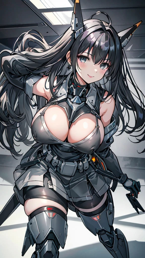Dark gray translucent mecha,Full body mecha,Long black hair,Wavy hair style,Huge Breasts,cleavage,Pistol hanging from waist,fighter pilot,fighter hangar,Sexy,Lipstick,Gray eyes,stockings,Short skirt,Smile,earrings,lipstick,Nipple showing,plump figure