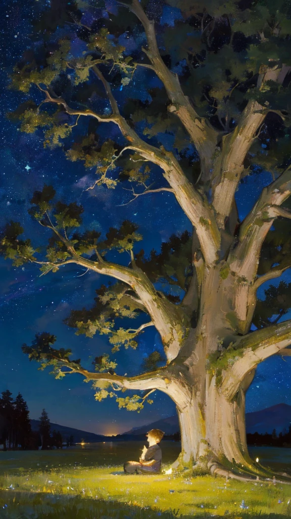 

The scene is set in a tranquil countryside, far from the city lights. The night sky is a vast canvas, adorned with countless twinkling stars that shimmer like diamonds. The full moon is prominently positioned, casting a soft, silver glow over the landscape. Its light bathes the surroundings in a gentle luminescence, creating a serene and magical ambiance.

A large, ancient tree stands to the side, its gnarled branches reaching out like protective arms. The leaves rustle softly in the night breeze, adding a sense of calm to the scene. The tree's silhouette is dark against the illuminated sky, creating a striking contrast.

Beneath the tree, a young boy sits cross-legged on a small grassy knoll. He gazes upwards in awe and wonder, his face softly illuminated by the moonlight. His expression is one of pure fascination, lost in the beauty of the celestial display above. The boy's surroundings are slightly shadowed, emphasizing the bright, starry sky.

Nearby, the subtle chirping of crickets and the occasional hoot of an owl contribute to the peaceful atmosphere. The overall mood of the scene is one of quiet contemplation and the boundless wonder of the night sky.