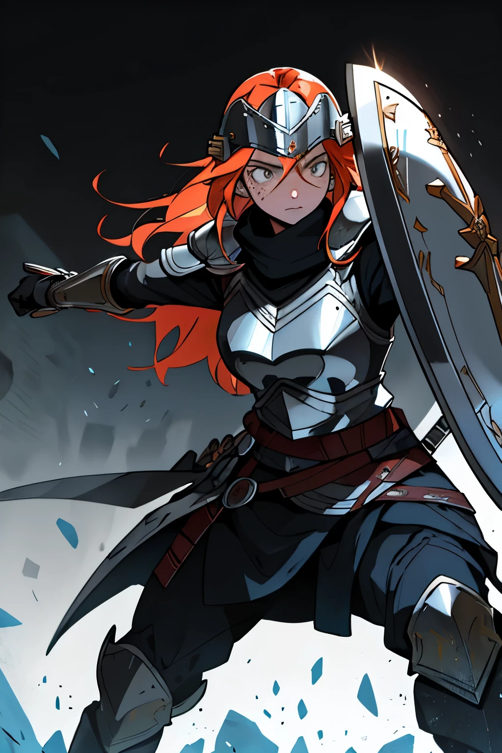 > work of art, high qualiy,, freckles, long hair, russet hair, grey-eyed, armors, Hoplita, helmet, shield, female, battle pose, attacking with the sword