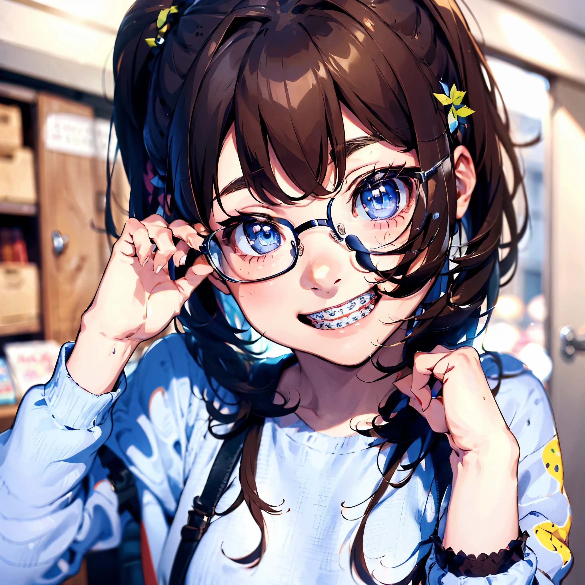 1girl, seductive eyes, braces, glasses, smiling, cute, face focus, blue eyes, blush, brown hair, best quality, masterpiece, highres