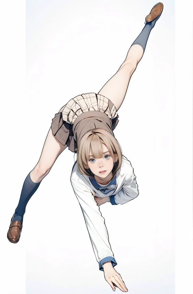 1girl, solo, looking at viewer, blush, short hair, bangs, blue eyes, skirt, simple background, brown hair, shirt, long sleeves, white background, , full body, white shirt, ahoge, pleated skirt, shoes, socks, spread legs, blue skirt, brown footwear, leg up, loafers, blue socks