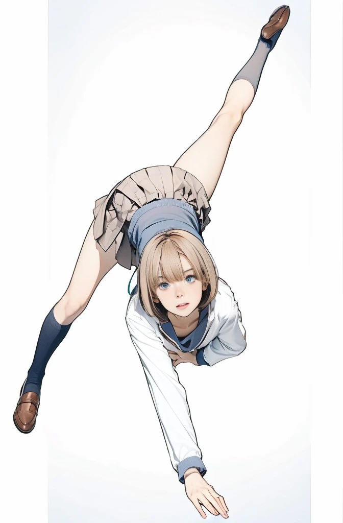 1girl, solo, looking at viewer, blush, short hair, bangs, blue eyes, skirt, simple background, brown hair, shirt, long sleeves, white background, , full body, white shirt, ahoge, pleated skirt, shoes, socks, spread legs, blue skirt, brown footwear, leg up, loafers, blue socks