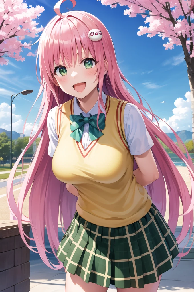 masterpiece, best quality, highres, aalala, long hair, ahoge, hair ornament, green eyes, breasts, , green bowtie, collared shirt, white shirt, sweater vest, yellow vest, short sleeves, plaid skirt, green skirt, arms behind back, leaning forward, standing, outdoors, smile, open mouth, cherry blossoms,Nude,Big Breasts