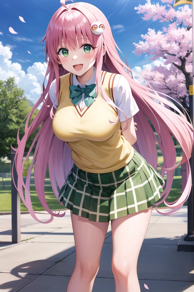 masterpiece, best quality, highres, aalala, long hair, ahoge, hair ornament, green eyes, breasts, , green bowtie, collared shirt, white shirt, sweater vest, yellow vest, short sleeves, plaid skirt, green skirt, arms behind back, leaning forward, standing, outdoors, smile, open mouth, cherry blossoms,Nude,Big Breasts