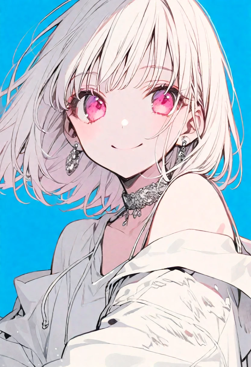 solo, handsome, monotone,
1. Female,
Hime cut,Straight Hair,Bob Hair,
White hair,
Nakano Yotsuba,
pink Eyes,Soft look,beautiful,beautiful,Sexy,Lots of silver earrings,choker,
White Off Shoulder,White Distressed jeans, hoodie ,smile,skin,
light blue background,