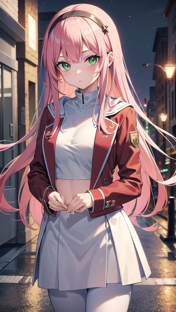 zerotwo, zero two, (green eyes:1.5), hairband, horns, long hair, pink hair, red horns, white hairband,
BREAK jacket, leggings, red jacket, white footwear,white crop top,
BREAK indoors, classroom,BREAK looking at viewer, (cowboy shot:1.5),BREAK (masterpiece:1.2), best quality, high resolution, unity 8k wallpaper, (illustration:0.8), (beautiful detailed eyes:1.6), extremely detailed face, perfect lighting, extremely detailed CG, (perfect hands, perfect anatomy),city,street,night,wet road,reflections,lights, standing in middle of street