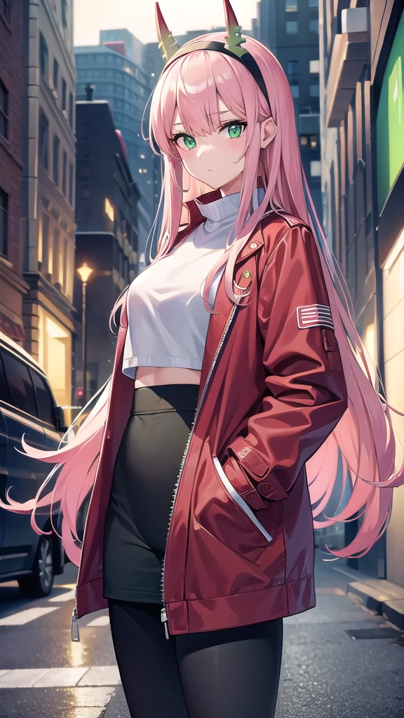 zerotwo, zero two, (green eyes:1.5), hairband, horns, long hair, pink hair, red horns, white hairband,
BREAK jacket, leggings, red jacket, white footwear,white crop top,
BREAK indoors, classroom,BREAK looking at viewer, (cowboy shot:1.5),BREAK (masterpiece:1.2), best quality, high resolution, unity 8k wallpaper, (illustration:0.8), (beautiful detailed eyes:1.6), extremely detailed face, perfect lighting, extremely detailed CG, (perfect hands, perfect anatomy),city,street,night,wet road,reflections,lights, standing in middle of street