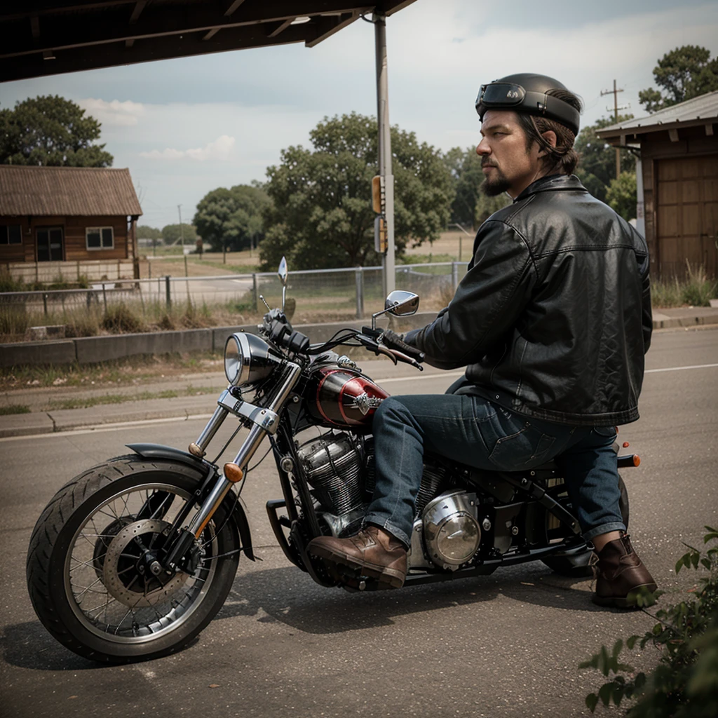 One man from the American Mc Chopper motorcycle gang sits rear-facing on a chopper.