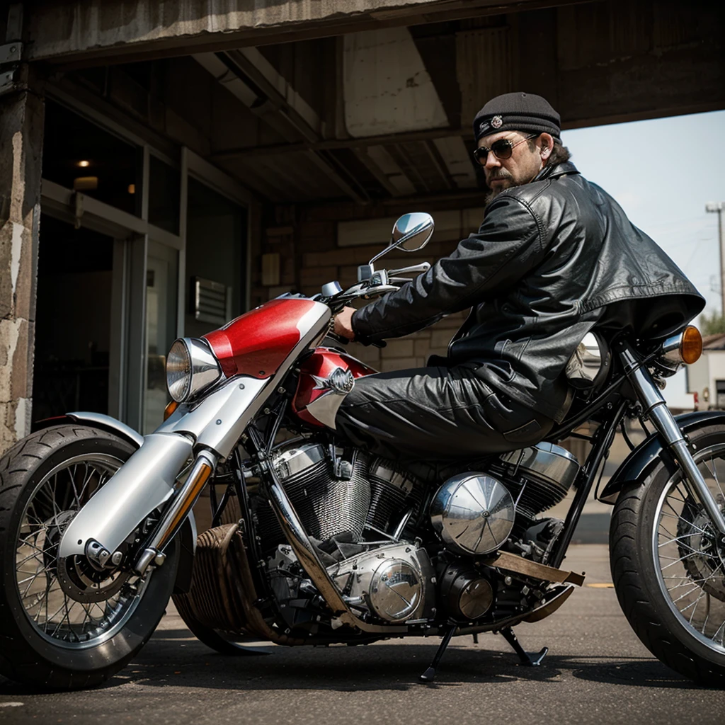 One man from the American Mc Chopper motorcycle gang sits rear-facing on a chopper.