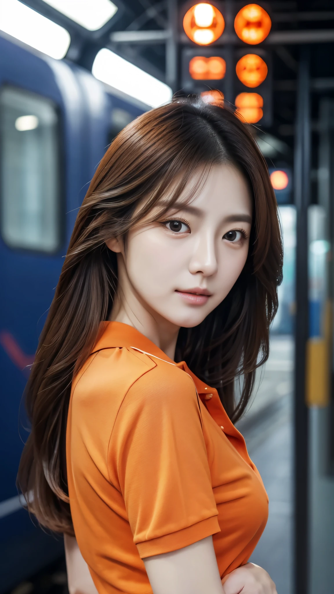 Realistic photos (1 cute Korean star) Reverse hair, light makeup, Middle breast size, Orange polo shirt, At the train station, Canon EOS Clear Facial Features, 16K, High resolution, Sharp and realistic details,  Exposure, interrupt, 超High resolution, High resolution, Highest quality