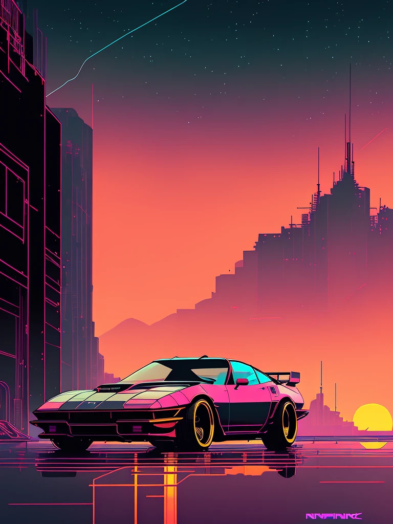 (nvinkpunk:1.2) (snthwve style:0.8) corvette, lightwave, sunset, intricate, highly detailed
