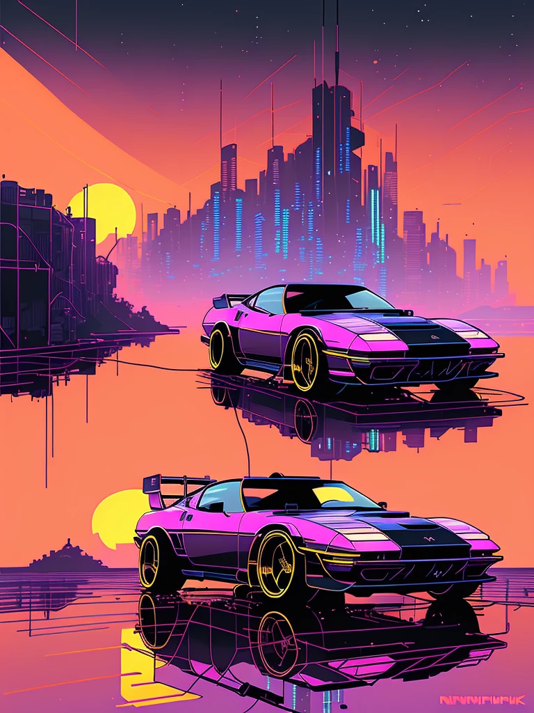 (nvinkpunk:1.2) (snthwve style:0.8) corvette, lightwave, sunset, intricate, highly detailed