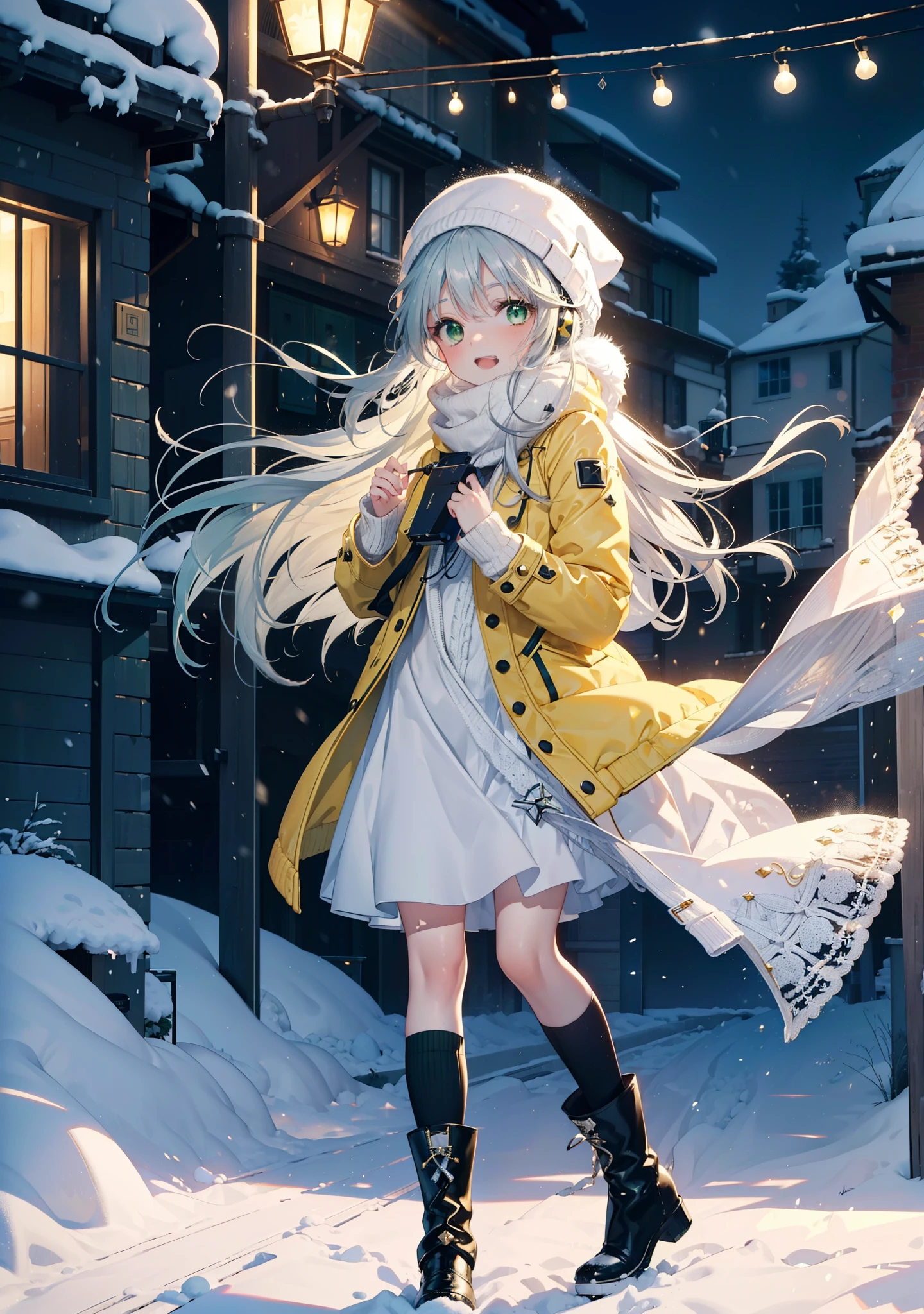 index, index, (Green Eyes:1.5), Silver Hair, Long Hair, (Flat Chest:1.2),happy smile, smile, Open your mouth,Knitted hat,Yellow long coat,White Tokkuri Sweater,Earmuffs,White scarf,Black long skirt,Black pantyhose,short boots,Walking,Snow is piled up,It&#39;s snowing,Snow Scene,Shirogane World,night,moonlight,Let the world enter your illustrations,
break looking at viewer, whole body,
break outdoors, Snow Country,Residential Street,
break (masterpiece:1.2), Highest quality, High resolution, unity 8k wallpaper, (figure:0.8), (Beautiful attention to detail:1.6), Highly detailed face, Perfect lighting, Highly detailed CG, (Perfect hands, Perfect Anatomy),