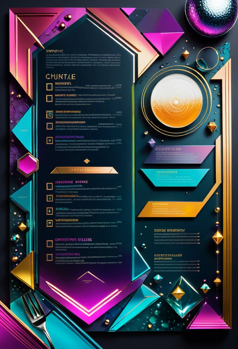 Synaptic Harmony 1 menu with a combination of effects, organic elements geometric shapes and vibrant colors, reflective materials throughout the image along with metallics for details that capture the light and add a futuristic touch