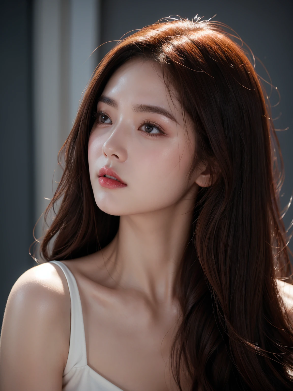 Skin gloss、A luxurious look、Pale red lips、Cinematic Style、Light tracing effect、Hair covering the forehead、Very natural hair、The girl&#39;s face was depicted in detail.、Realistic light and shadow effects、Big Eyes、Highly realistic face、Masterpiece、blue sky in the background、Blushing、Maroon ponytail、Perfect Makeup、Wearing a white short-sleeved shirt、Ultra-high image quality in 8K、Realistic portrayal、Double eyelids、Clothing with real fabric texture、Dark deep eyes、Cute Face、blue sky in the background、Cinematic Style、Extremely realistic skin、Artwork、Smile、Shooting outdoors、The ocean spreads out、Hair tied in a ponytail、Cowboy Shot、