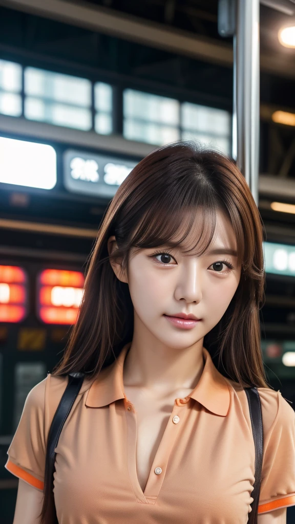 Realistic photos (1 cute Korean star) Reverse hair, light makeup, Middle breast size, Orange polo shirt, At the train station, Canon EOS Clear Facial Features, 16K, High resolution, Sharp and realistic details, Exposure, interrupt, 超High resolution, High resolution, Highest quality