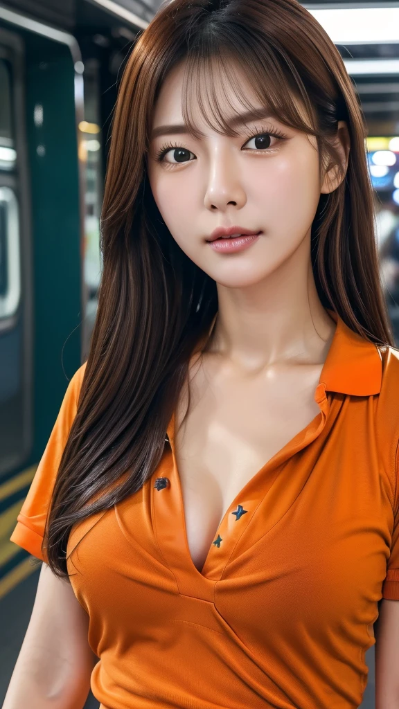 Realistic photos (1 cute Korean star) Reverse hair, light makeup, Middle breast size, Orange polo shirt, At the train station, Canon EOS Clear Facial Features, 16K, High resolution, Sharp and realistic details,  Exposure, interrupt, 超High resolution, High resolution, Highest quality