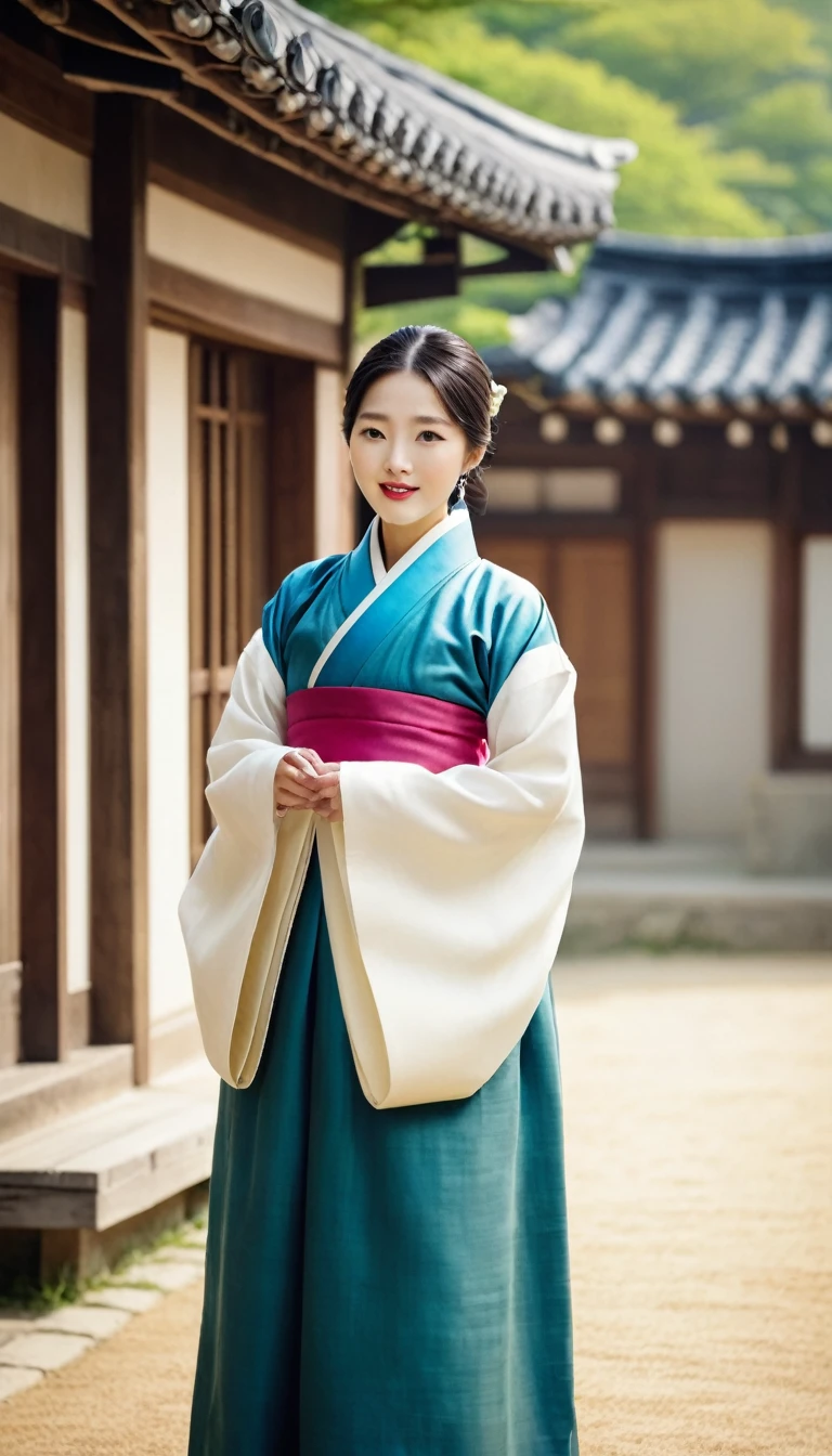 Korean women during the Joseon Dynasty, old house background, It's raining and I'm using an umbrella, wearing pink hanbok, A composition that shows the entire body