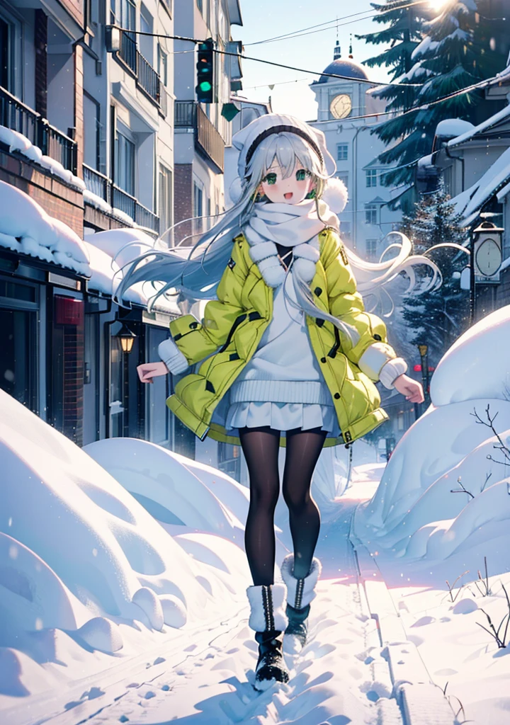 index, index, (Green Eyes:1.5), Silver Hair, Long Hair, (Flat Chest:1.2),happy smile, smile, Open your mouth,Knitted hat,Yellow long coat,White Tokkuri Sweater,Earmuffs,White scarf,Black long skirt,Black pantyhose,short boots,Walking,Snow is piled up,It&#39;s snowing,Snow Scene,Shirogane World,night,moonlight,Let the world enter your illustrations,
break looking at viewer, whole body,
break outdoors, Snow Country,Residential Street,
break (masterpiece:1.2), Highest quality, High resolution, unity 8k wallpaper, (figure:0.8), (Beautiful attention to detail:1.6), Highly detailed face, Perfect lighting, Highly detailed CG, (Perfect hands, Perfect Anatomy),