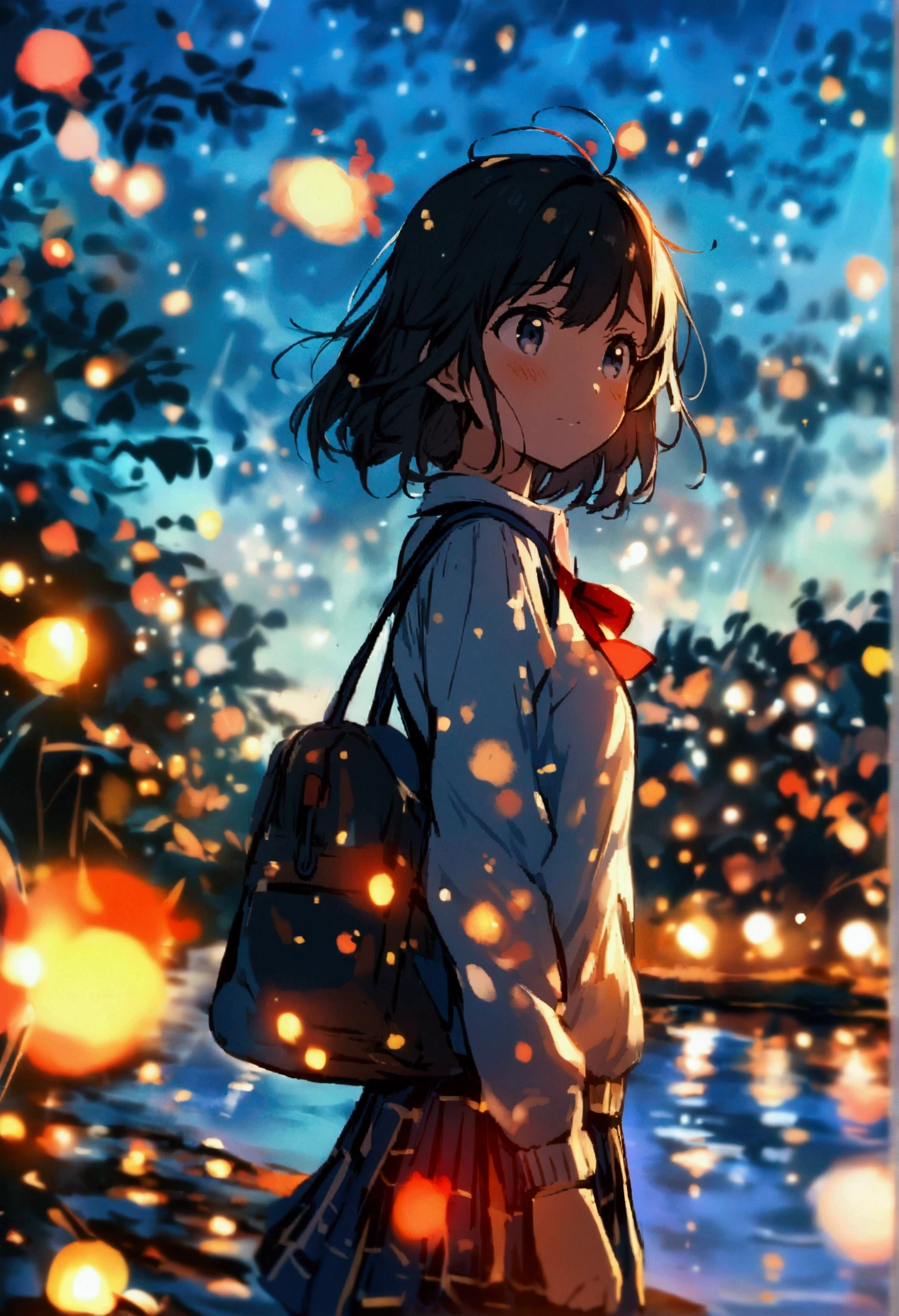 Anime girl with backpack walking in the rain with fireflies, Makoto Shinkai's art style, ( ( makoto shinkai ) ), anime wallpaper 4k, anime wallpaper 4k, 4k anime wallpaper, Makoto Shinkai style, In the style of Makoto Shinkai, Official artwork, Anime Style 4k, Makoto Shinkai Cyril Rolland、ponytail