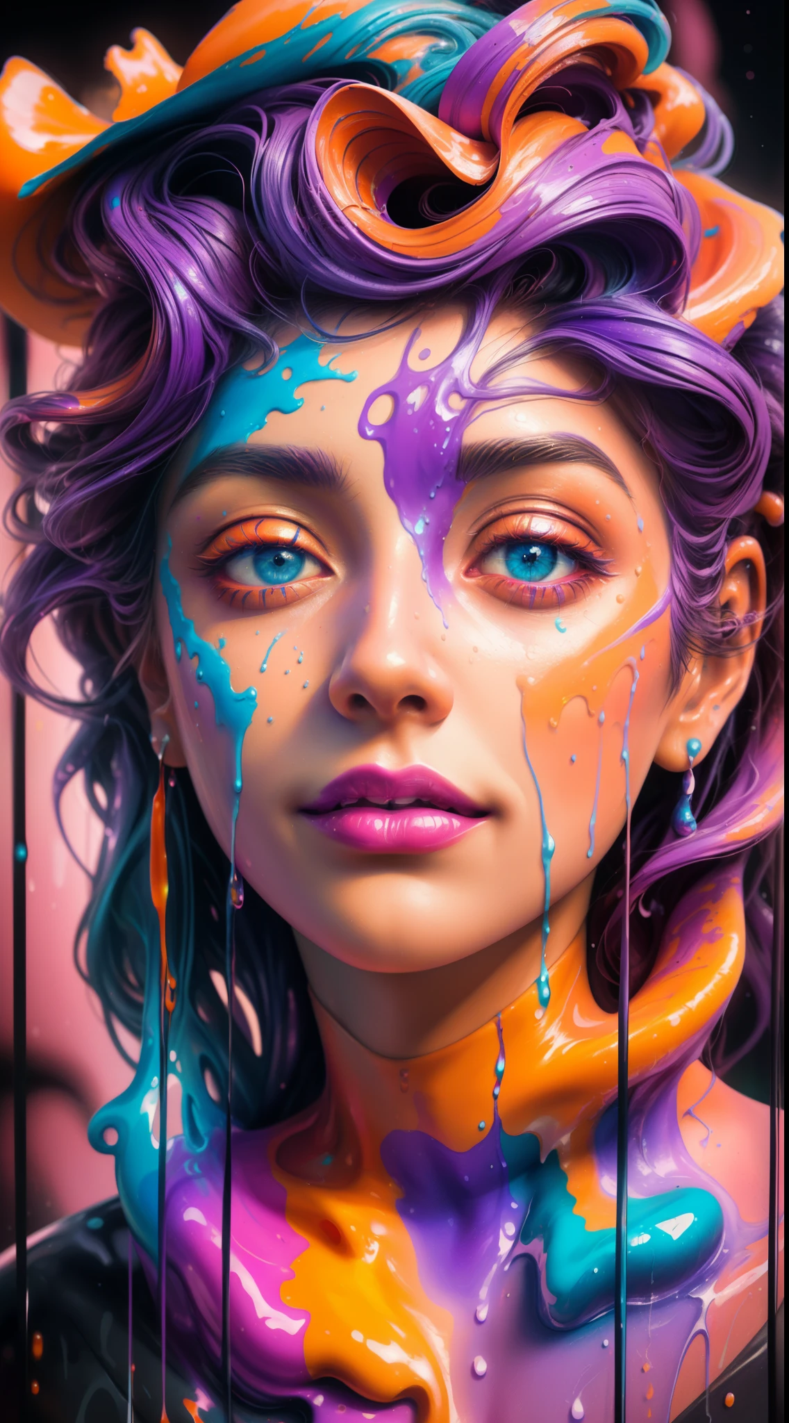 a close up of a sculpture of a woman with purple and orange paint, dripping with color, face submerged in colored oils, 3d digital art 4k, colorful melting human head, vibrant colors hyper realism, cute digital art, color Art, Beeple e Jeremias Ketner, vibrant digital painting, detailed painting 4k, beautiful art uhd 4k