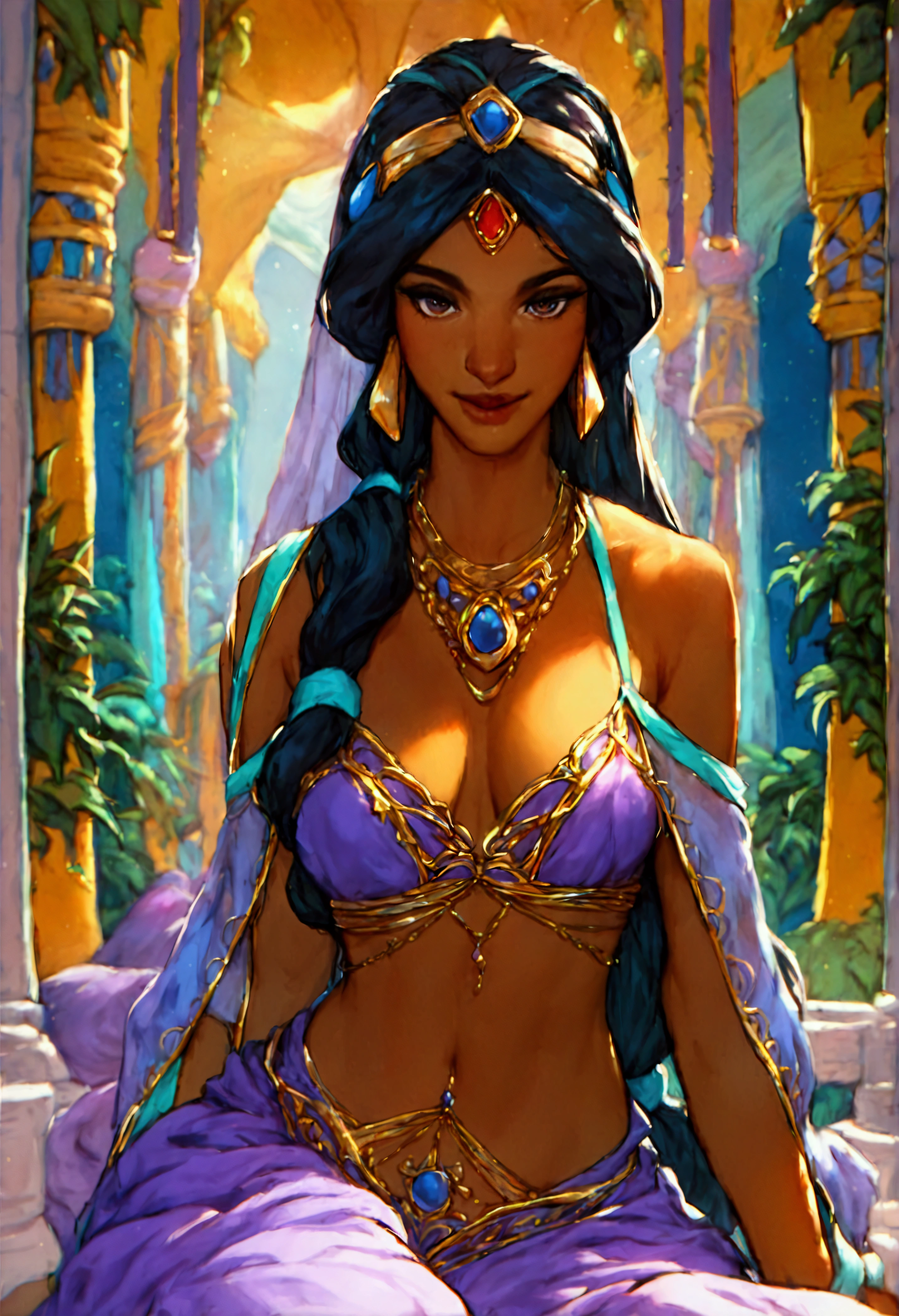 score_9, score_8_up, score_7_up, (solo close-up of Princess Jasmine:1.5) in (dynamic pose:1.0) sitting in (Arabian palace:1.2), dark-skinned (gentle:1.1) beauty, purple clothes, (starlit romantic night:1.3), (architecture with intricate design and verdant vegetation:1.1), bright colors, (cartoon artstyle with bold lines:1.3), (warm ambient:1.2), rating_safe.